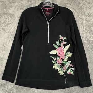 Tommy Bahama Aruba Pullover Sweater 2XS Floral‎ Embroidered Half Zip Black Multi